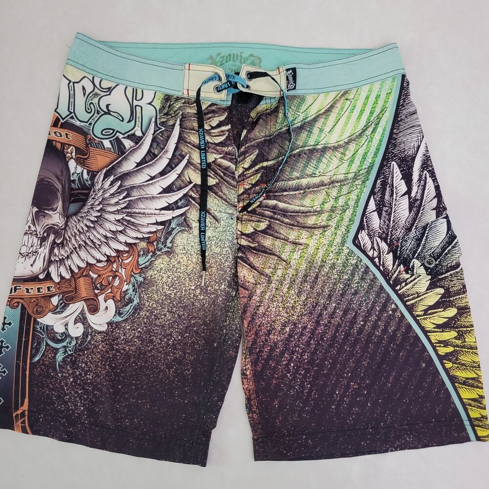 Y2K Xzavier Board Shorts Mens 36 Measures 38 Skull Wings Cross Y2K MMA Grunge